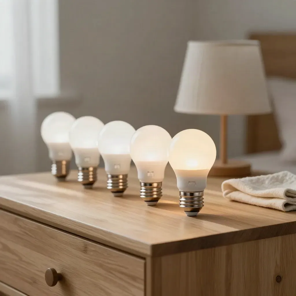 LED-lampor och en liten sänglampa på en ljus ekbyrå i varmt dagsljus