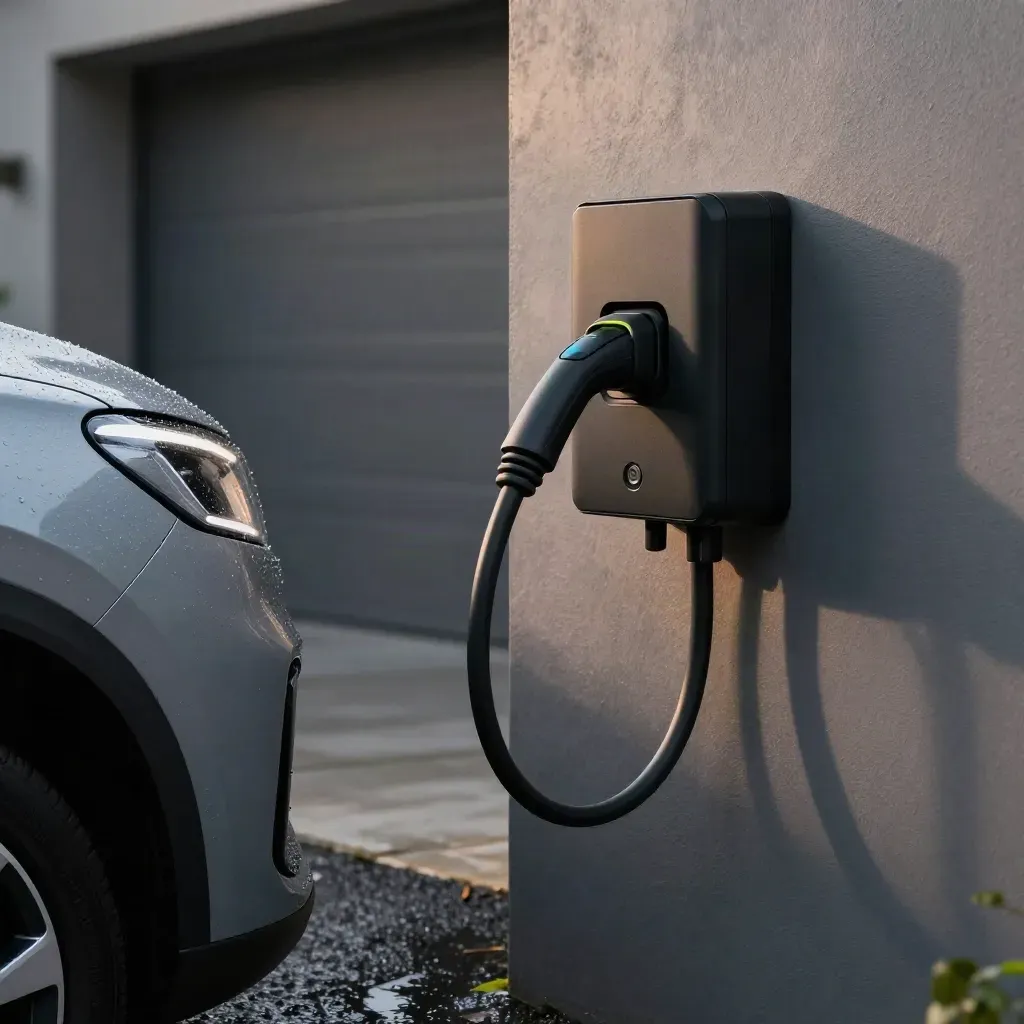 Mattsvart laddbox på garagevägg, elbilens nos och blå laddindikator i regnvåt kväll.