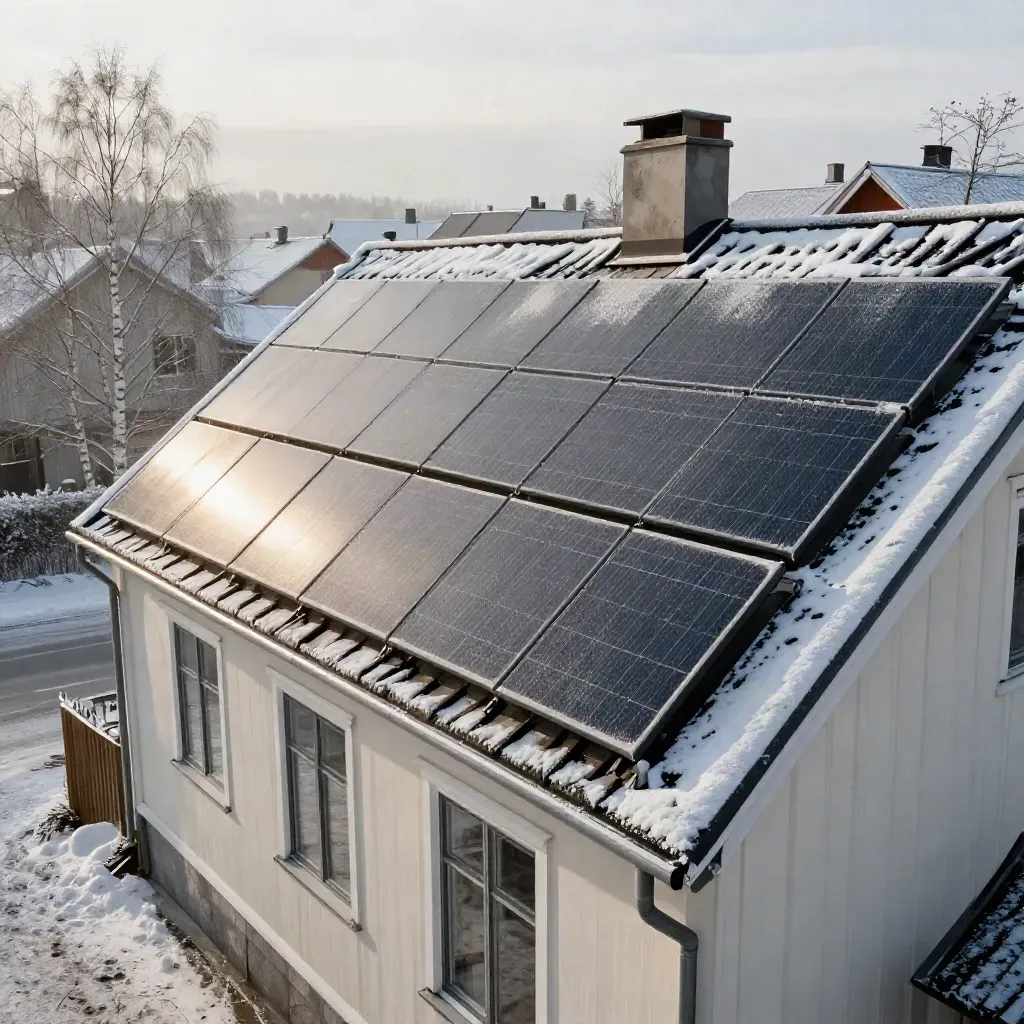 Solpaneler på ett svenskt villatak i vinterljus med smältvatten och klar luft.