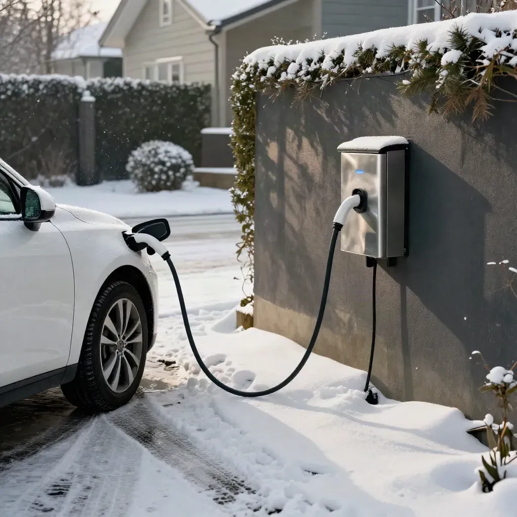 Elbil laddad vid villa med väggbox, snö på uppfarten och en kombi redo att köra.