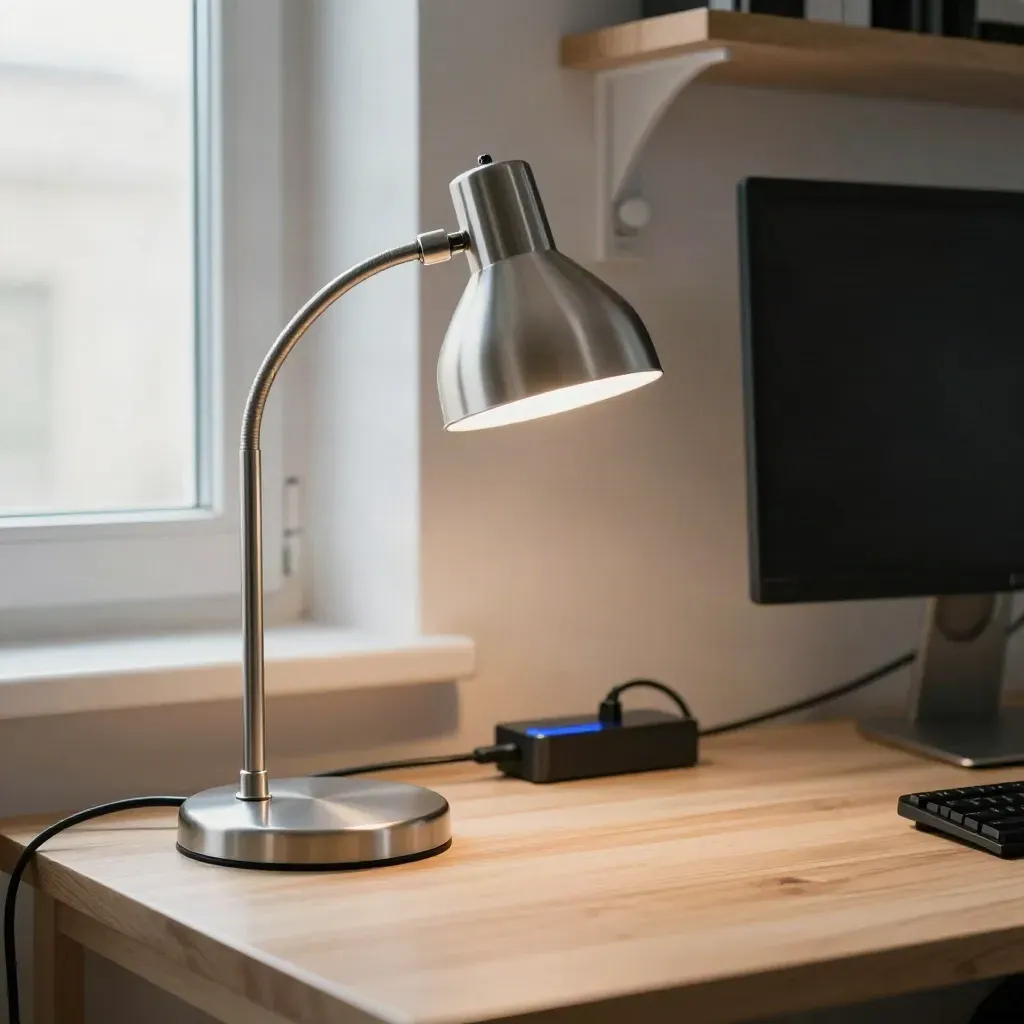 Skrivbordslampa lyser upp hemmakontor med skärm vänd bort och blå statuslampa.