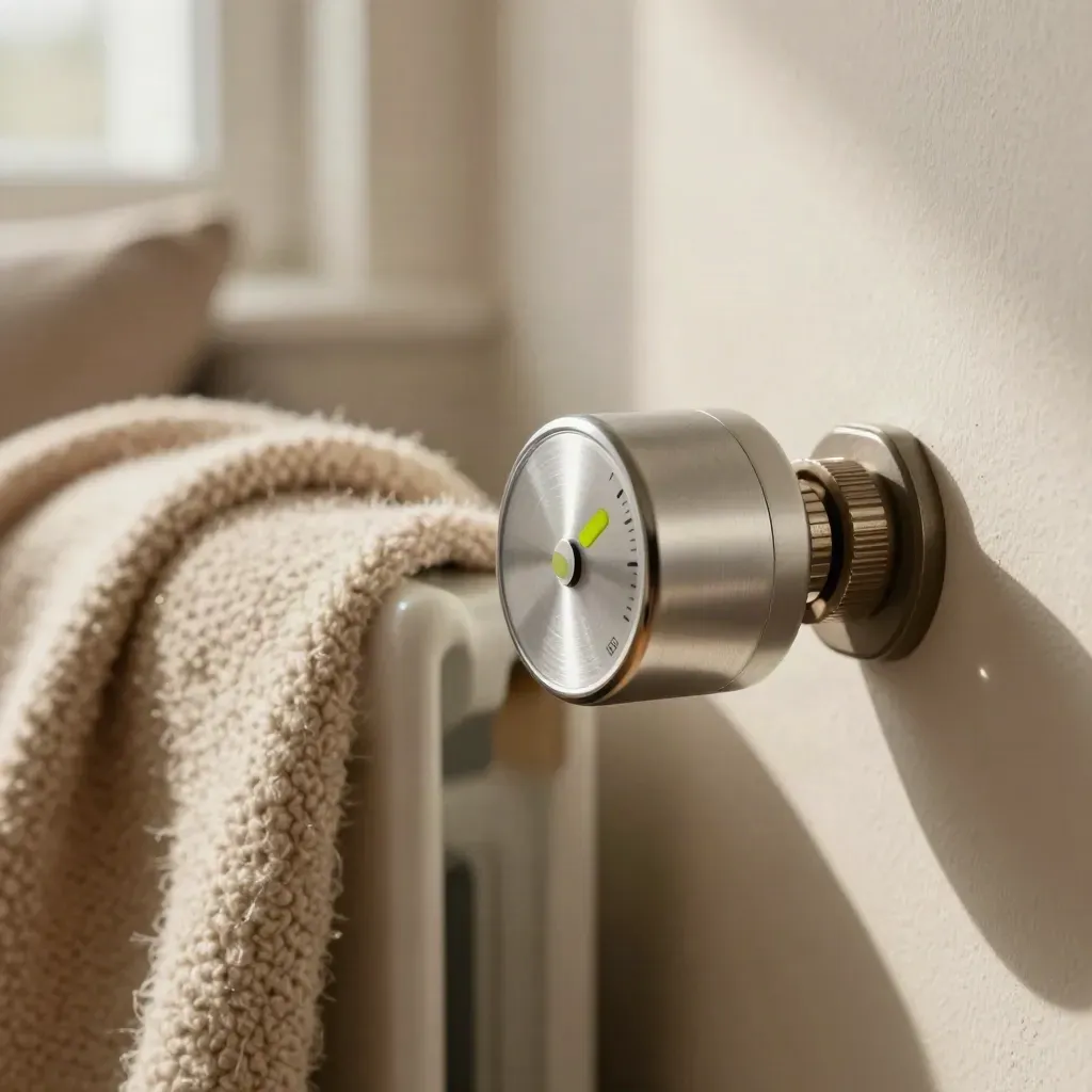 Termostat, timer och radiatorventil vid en ullpläd i varm inomhusmiljö.