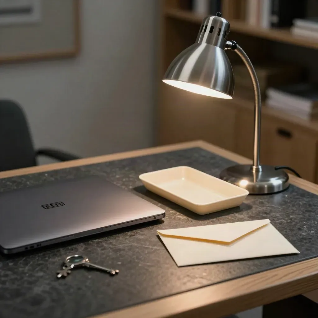 Tyst redaktionsbord med stängd laptop, bordslampa och kuvert i dämpad ljus