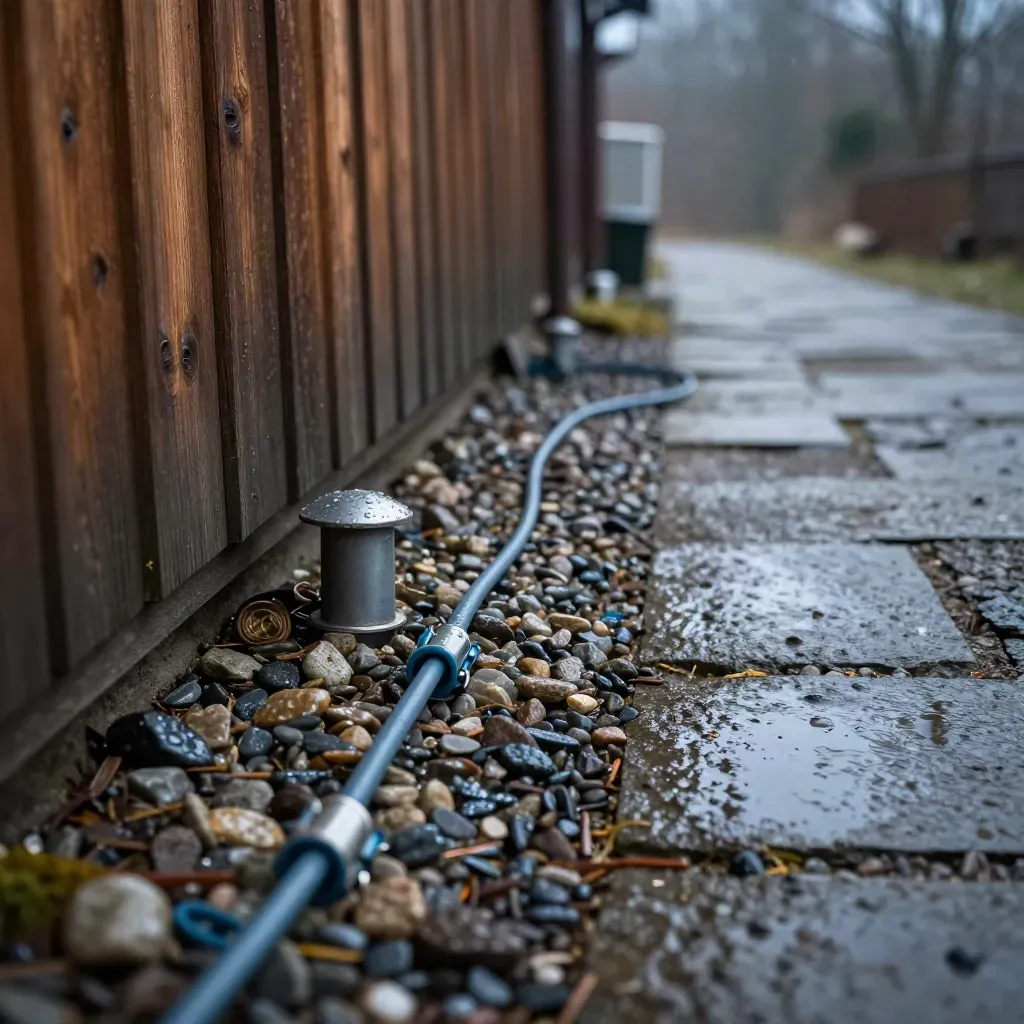 Kabel utomhus vid träfasad och blött grus efter regn, redo för vinter.