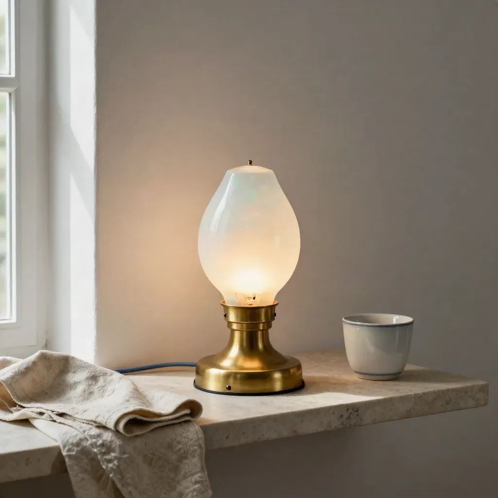 Opalglaslampa på stenhylle med linneduk, kopp och extra glödlampa i mjukt ljus.