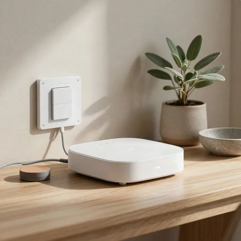 Smart hem-hub, sensor och dimmer på ljus träyta med växt och sten skål.